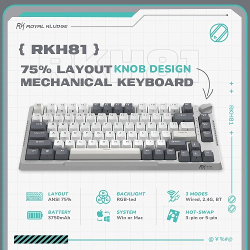 Royal Kludge RK H81 Wireless White SkyCyan Linear switch Royal Kludge RK H81 Wireless White SkyCyan Linear switch
